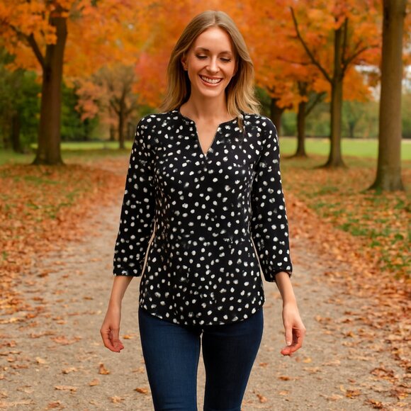 Maeve Tops - Anthropologie Maeve Polka Dot Blouse Pleats Black Size S 3/4 sleeves